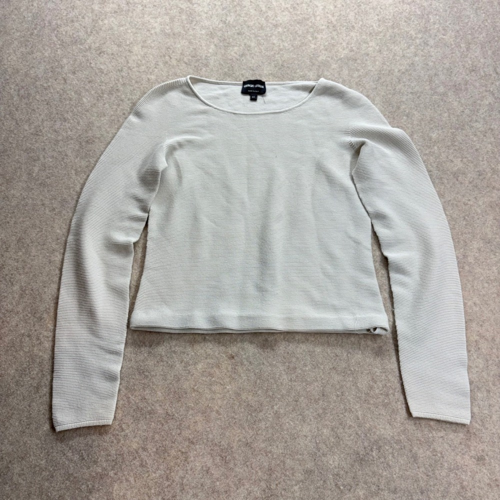 Giorgio Armani Cream Ribbed Long Sleeve Scoop Neck Crop Top Women 42 Made Italy
